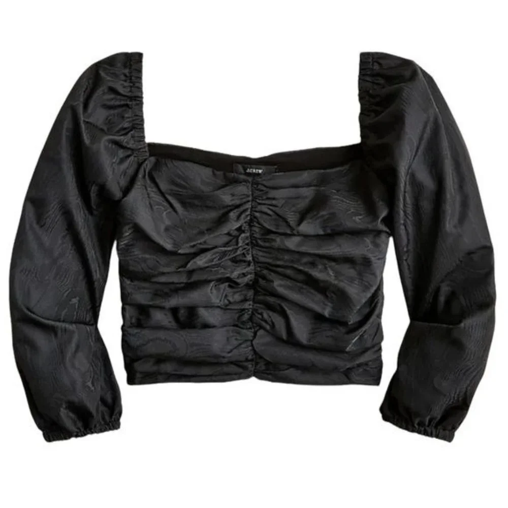 J. Crew Ruched Puff Sleeve Cropped Top in Black Size 10 NWT